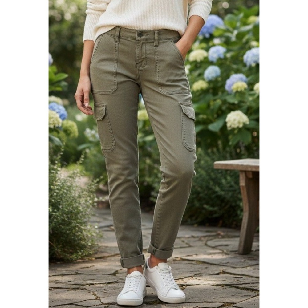 Purnell Women's Utility Cargo Pants‎ Size 28 Olive Green Slim Fit Stretch Cotton
